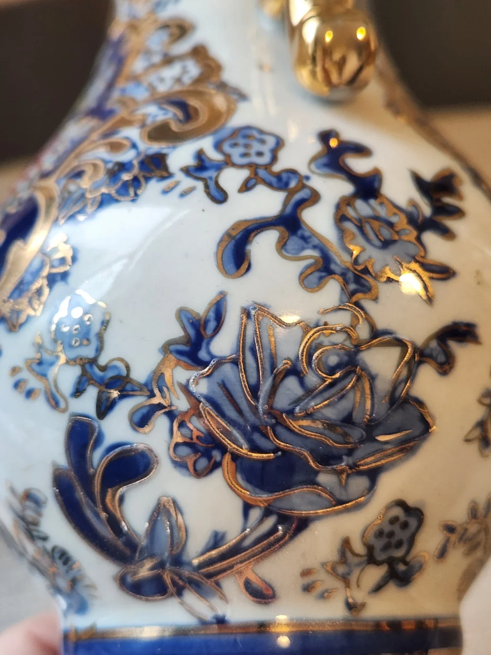 Vintage Handpainted White Blue and Gold Decorative Double-Handled Porcelain Vase - Picture 6 of 11